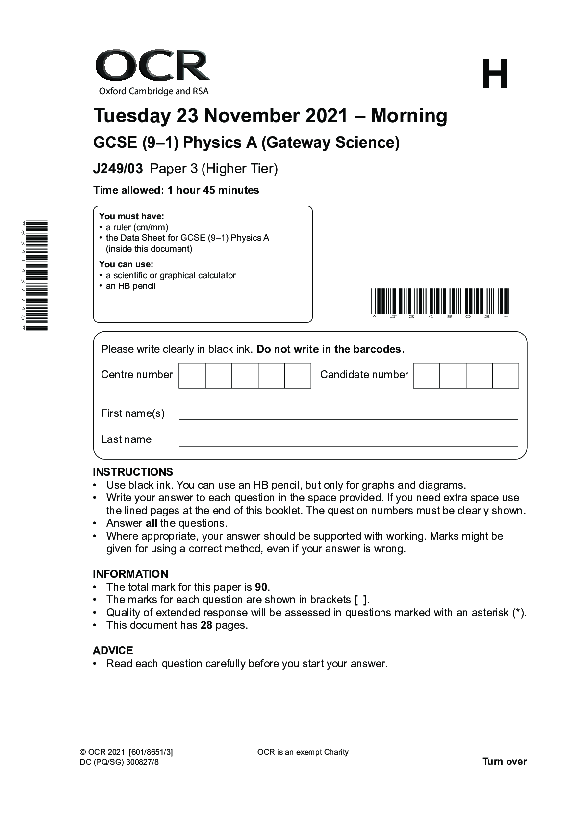 Preview of GCSE (9–1) Physics A (Gateway Science) J249/03 Paper 3 (Higher Tier). November 2021. QP